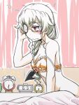  1girl alarm_clock alternate_hairstyle anchovy_(girls_und_panzer) bangs bed_sheet black_ribbon bra braid braided_ponytail breasts cleavage clock closed_mouth coke-bottle_glasses commentary frilled_bra frills frown girls_und_panzer glasses green_hair hair_over_shoulder hair_ribbon half-closed_eyes long_hair medium_hair motion_lines notice_lines oosaka_kanagawa orange_bra red_eyes ribbon round_eyewear rubbing_eyes single_braid sitting sketch sleepy solo squiggle strap_slip under_covers underwear wavy_mouth 