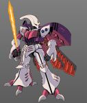  beam_saber clenched_hand company_connection creator_connection dunbine fusion grey_background gundam holding holding_sword holding_weapon insect_wings looking_to_the_side mecha no_humans one-eyed qubeley rabo red_eyes science_fiction seisenshi_dunbine solo sunrise_(company) sword tomino_yoshiyuki weapon wings zeta_gundam 