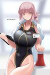  1girl bangs bare_shoulders black_swimsuit blurry blurry_background braid breasts clipboard collarbone covered_navel dress_shirt fate/grand_order fate_(series) florence_nightingale_(fate) folded_ponytail gachou highleg highleg_swimsuit highres hip_focus huge_breasts lanyard long_hair looking_at_viewer megaphone one-piece_swimsuit open_clothes open_shirt pink_hair shirt shirt_on_shoulders single_braid solo swimsuit thighs translated two-tone_swimsuit white_shirt yellow_swimsuit 