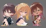  3girls absurdres ass biting_tongue blonde_hair blush breasts brown_hair chibi crossed_legs dark_skin gyaru highres kogal large_breasts long_hair looking_at_viewer loose_socks multiple_girls naughty_face open_mouth original piercing red_hair school_uniform short_hair sitting thighs tongue_piercing two_side_up yamakonbu 