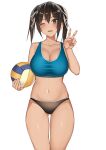  1girl ;d ass_visible_through_thighs bare_arms bare_shoulders beach_volleyball black_hair black_panties breasts cleavage collarbone crop_top green_eyes hair_ribbon hand_up highres holding kureha_(ironika) large_breasts long_hair looking_at_viewer midriff navel one_eye_closed open_mouth original panties ribbon sidelocks simple_background sleeveless smile solo sports_bra standing stomach taut_clothes thighs twintails underwear v volleyball white_background 