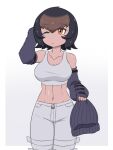  1girl arm_up bangs bare_shoulders beanie black_hair border brown_hair closed_mouth collarbone elbow_gloves expressionless eyebrows_visible_through_hair fingerless_gloves gloves gorilla_(kemono_friends) grey_background hat headwear_removed highres holding holding_clothes holding_hat kemono_friends looking_to_the_side medium_hair midriff multicolored_hair navel one_eye_closed orange_eyes pants shiny shiny_skin simple_background solo stomach tan tank_top toned tsukushi_(741789) two-tone_hair zipper_pull_tab 