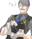  1boy black_vest blue_neckwear closed_eyes cup drinking_glass eighth_note facial_hair facing_viewer fate/grand_order fate_(series) gray_collar_(fate/grand_order) grey_hair grey_shirt hair_between_eyes highres james_moriarty_(fate) male_focus musical_note mustache necktie shirt solo towel trstfx_(lina) upper_body vest wine_glass 
