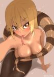  1girl arm_support blonde_hair breasts brown_legwear commentary_request covering covering_breasts eyebrows_visible_through_hair foreshortening forked_tongue from_above hair_between_eyes highres kashisu_mint kemono_friends king_cobra_(kemono_friends) leaning_to_the_side long_hair long_tongue looking_at_viewer medium_breasts multicolored multicolored_eyes orange_eyes outstretched_arm pantyhose reaching_out red_eyes seductive_smile selfie shiny shiny_skin smile snake_tail solo stomach tail tan teasing tongue tongue_out topless twitter_username 