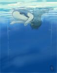  1girl black_hair blue_swimsuit blue_theme fetal_position floating_hair from_side leg_hug long_hair one-piece_swimsuit original pool school_swimsuit solo submerged swimsuit tomomi_(user_xtmw2443) traditional_media underwater watercolor_(medium) 