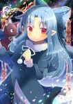  1girl :o animal bangs black_capelet black_cat black_dress blue_bow blue_hair blush bow capelet cat dress eyebrows_visible_through_hair fur-trimmed_capelet fur_trim hair_bow hands_up kouu_hiyoyo len_(tsukihime) long_hair long_sleeves looking_at_viewer parted_bangs parted_lips pointy_ears puffy_long_sleeves puffy_sleeves red_eyes tsukihime very_long_hair 