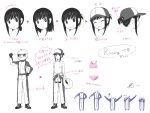  1girl alternate_hairstyle baseball_cap character_sheet chart commentary_request folded_ponytail fubuki_(kancolle) hat helmet highres jumpsuit jumpsuit_around_waist kantai_collection long_hair looking_at_viewer low_ponytail monochrome multiple_views nakaaki_masashi official_alternate_costume panties pilot_helmet racing_suit sidelocks sports_bra spot_color translation_request underwear upper_body 