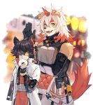  2boys aak_(arknights) animal_ears arknights bag bangs baozi black_gloves black_hair black_nails detached_sleeves dog_boy dog_ears eating fingerless_gloves food fur furry gloves high_collar holding holding_food horns hung_(arknights) imoko_(imo_ss) long_sleeves male_focus multicolored_fur multicolored_hair multiple_boys nail_polish open_mouth orange_hair paper_bag single_horn tail white_hair yellow_eyes 