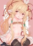  1girl beads breasts chinese_zodiac clothes_lift feather_hair_ornament feathers female_pubic_hair granblue_fantasy hair_beads hair_ornament harvin highres lifted_by_self mahira_(granblue_fantasy) makabe_gorou nipples pelvic_curtain pointy_ears pubic_hair red_bandeau small_breasts solo 