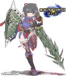  1girl armor black_hair breasts gloves headband japanese_clothes kamura_(armor) large_breasts monster_hunter_(series) monster_hunter_rise pauldrons shield short_hair shoulder_armor simple_background sword thighhighs weapon yazawa_owl 