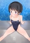  1girl :o bangs bare_arms bare_shoulders black_hair black_swimsuit blush dated eyebrows_visible_through_hair feet_out_of_frame from_above highleg highleg_swimsuit looking_up one-piece_swimsuit original parted_lips poolside red_eyes short_hair signature sitting solo swimsuit water wet yone_kinji 
