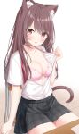  1girl :o animal_ear_fluff animal_ears bangs blush bra breasts brown_hair cat_ears cat_girl cat_tail chair cleavage collarbone desk dress_shirt eyebrows_visible_through_hair floral_print highres kinakon long_hair looking_at_viewer medium_breasts miniskirt on_chair open_clothes open_mouth open_shirt opened_by_self original partially_unbuttoned pink_bra plaid plaid_skirt pleated_skirt red_neckwear school_desk shirt short_sleeves sitting skirt tail underwear v-shaped_eyebrows white_shirt 
