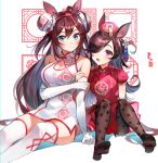  2girls :d absurdres ahoge alternate_costume animal_ears bangs bare_shoulders black_legwear blue_eyes blush breasts brown_hair bun_cover china_dress chinese_clothes cleavage clip_studio_paint_(medium) commentary_request double_bun dress elbow_gloves feet_out_of_frame full_body gloves hair_between_eyes hair_over_one_eye hat highres horse_ears horse_girl horse_tail huge_filesize long_hair looking_at_viewer mihono_bourbon_(umamusume) moko_(moko/moko) multiple_girls no_shoes open_mouth pantyhose purple_eyes red_dress red_hair rice_shower_(umamusume) short_sleeves sitting smile tail thighhighs umamusume very_long_hair white_background white_dress white_legwear 