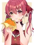  1girl :t ascot bangs bare_arms black_choker blush border breasts burger buttons chewing choker cleavage commentary eating eyebrows_visible_through_hair eyelashes food food_bite food_on_face frilled_choker frills gold_trim hair_between_eyes hair_ribbon hand_up heterochromia holding holding_food hololive houshou_marine jacket long_hair looking_at_viewer medium_breasts mustard nail_polish ocha_uma pink_nails pirate red_eyes red_hair red_jacket red_neckwear red_ribbon ribbon shiny shiny_hair shiny_skin sidelocks sleeveless sleeveless_jacket solo tan_background twintails upper_body virtual_youtuber white_border yellow_eyes 