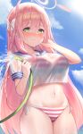  1girl absurdres ahoge blue_archive blush breasts cloud green_eyes hair_ribbon hanako_(blue_archive) highres hose large_breasts long_hair looking_at_viewer moshi_imo navel pink_hair ribbon see-through sky solo swimsuit water wet wet_clothes 