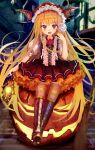  1girl :d animal bamboo_broom bangs bat bat_wings blonde_hair blurry blurry_background boots bow broom brown_bow brown_footwear brown_skirt brown_vest building candy commentary_request cross-laced_footwear depth_of_field eyebrows_visible_through_hair fang fingernails flower food frills full_body glowing granblue_fantasy halloween hand_up head_tilt head_wings high_heel_boots high_heels holding holding_candy holding_food holding_lantern holding_lollipop jack-o&#039;-lantern lace-up_boots lantern lollipop long_hair marisayaka nail_polish night open_mouth outdoors pantyhose petticoat pleated_skirt pointy_ears puffy_short_sleeves puffy_sleeves red_eyes red_flower red_nails red_rose red_wings revision rose shingeki_no_bahamut shirt short_sleeves sitting skirt smile solo striped striped_legwear swirl_lollipop vampy very_long_hair vest white_shirt window wings 