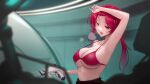  1girl absurdres armpits arrow_through_heart bare_shoulders bikini bikini_top blurry breasts breath cleavage commentary_request depth_of_field halterneck heterochromia highres hololive houshou_marine large_breasts object_request ponytail red_hair solo somebody_(leiking00) strap_gap subnautica sweat swimsuit underboob virtual_youtuber wiping_sweat 