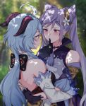  2girls ahoge arm_around_waist back bangs bare_shoulders black_gloves blue_hair blurry blurry_background blush braid commentary_request detached_sleeves dress finger_to_another&#039;s_mouth flower from_behind ganyu_(genshin_impact) genshin_impact gloves goat_horns hair_cones hair_flower hair_ornament horns hug keqing_(genshin_impact) long_hair long_sleeves looking_at_another multiple_girls negom purple_dress purple_hair sidelocks tassel twintails twitter_username upper_body very_long_hair yuri 