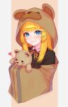  1girl :3 animal_hood ava_(ava31) bangs bear_hood black_jacket blonde_hair blue_eyes blunt_bangs blush bow brown_background collared_shirt copyright_request cropped_torso eyebrows_visible_through_hair fang hair_ornament hairclip heart highres holding holding_stuffed_toy hood hood_up indie_virtual_youtuber jacket long_hair red_bow shirt smile solo striped striped_bow stuffed_animal stuffed_toy teddy_bear virtual_youtuber white_background white_hair 