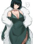  1girl absurdres black_hair bob_cut breasts cleavage collarbone dress elbow_gloves eyebrows_visible_through_hair feather_boa fubuki_(one-punch_man) fur_trim gloves green_dress green_eyes green_gloves heart highres hip_vent instagram_logo jewelry large_breasts mandytsune necklace one-punch_man pantyhose saitama_(one-punch_man) short_hair signature simple_background twitter_logo white_background 