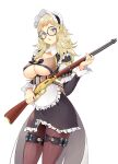  1girl absurdres alternate_costume apron bangs blonde_hair blue_eyes bow breast_cutout breasts center_opening commission commissioner_upload constantia_s2 constantia_s2_(cosplay) cosplay fire_emblem fire_emblem_fates frills glasses gun headdress highres holding holding_gun holding_weapon igni_tion large_breasts last_origin long_hair maid_apron maid_headdress open_mouth ophelia_(fire_emblem) pantyhose rifle round_eyewear skirt solo underboob upper_body weapon white_background winchester_model_1887 