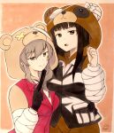  2girls animal_costume animal_hood arm_around_waist artist_name bangs bear_costume bear_hood black_eyes black_gloves black_hair black_jacket black_neckwear blunt_bangs boko_(girls_und_panzer) brown_eyes brown_hair clenched_hands closed_mouth dress_shirt eyebrows_visible_through_hair fan folding_fan girls_und_panzer girls_und_panzer_senshadou_daisakusen! gloves half-closed_eyes high_collar highres holding holding_fan hood hood_up itsumip jacket long_hair long_sleeves looking_at_viewer multiple_girls neck_ribbon nishizumi_shiho official_alternate_costume onesie outline pink_background red_jacket ribbon shikishi shimada_chiyo shirt signature smile straight_hair traditional_media white_outline white_shirt wing_collar 