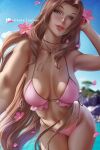  1girl aerith_gainsborough bikini blue_eyes blurry blurry_background breasts brown_hair choker day drill_hair final_fantasy final_fantasy_vii final_fantasy_vii_remake flower hair_flower hair_ornament large_breasts leaning_forward legs_together lips long_hair looking_at_viewer navel olchas outdoors petals pink_bikini side-tie_bikini solo standing stomach swimsuit thick_thighs thighs twin_drills 