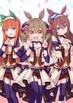  3girls :d ahoge animal_ears bangs blue_eyes blue_legwear blush bow breasts brown_eyes brown_hair brown_shorts brown_vest cleavage closed_mouth eyebrows_visible_through_hair garter_straps hair_between_eyes hair_bow hairband hands_up highres horse_ears horse_girl horse_tail long_hair medium_breasts mihono_bourbon_(umamusume) multiple_girls open_mouth pink_bow purple_bow revision sansei_rain shirt short_shorts shorts silence_suzuka_(umamusume) small_breasts smart_falcon_(umamusume) smile tail thighhighs umamusume v very_long_hair vest white_hairband white_shirt 