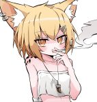  1girl animal_ear_fluff animal_ears arknights bangs blonde_hair blush breasts cigarette dusonson ear_piercing eyebrows_visible_through_hair fang_necklace hair_ornament hairclip highres holding holding_cigarette jewelry korean_commentary necklace notched_ear open_mouth piercing short_hair simple_background small_breasts smoke smoking solo strapless tubetop upper_body vermeil_(arknights) white_background yellow_eyes 