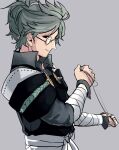  1boy bandages bangs blue_hair closed_mouth collared_shirt fire_emblem fire_emblem_fates from_side glasses grey_background japanese_clothes long_sleeves looking_at_viewer male_focus misokatsuhaumai ponytail rope shirt smile upper_body yukimura_(fire_emblem) 