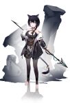  .l.l 1girl :d absurdres animal_ear_fluff animal_ears bangs bare_shoulders black_hair black_jacket black_legwear black_shorts breasts cat_ears cat_girl cat_tail cleavage cleavage_cutout clothing_cutout collarbone eyebrows_behind_hair hair_between_eyes hand_on_hip highres holding holding_spear holding_weapon jacket long_hair long_sleeves medium_breasts no_shoes off_shoulder one_side_up open_mouth original pantyhose polearm puffy_long_sleeves puffy_sleeves reflection short_shorts shorts smile solo spear standing stirrup_legwear tail toeless_legwear upper_teeth v-shaped_eyebrows weapon white_background 