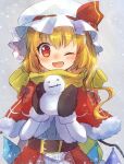  1girl ;d belt belt_buckle blonde_hair blue_shirt blush brown_belt brown_mittens buckle capelet dress_shirt fang flandre_scarlet fur-trimmed_capelet fur-trimmed_mittens fur_trim hat long_hair looking_at_viewer mittens one_eye_closed open_mouth red_capelet red_eyes scarf sen1986 shiny shiny_hair shirt smile solo standing touhou white_headwear yellow_scarf 