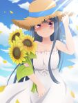  1girl arm_at_side bangs blue_bow blue_hair blue_ribbon blue_sky bow cloud commentary_request dress flower flying hair_between_eyes hair_down hand_on_headwear hat hat_ribbon holding holding_flower leaf light_blush long_hair nuts_tuna off-shoulder_dress off_shoulder petals purple_eyes ribbon shima_rin sidelocks sky sleeveless smile solo spaghetti_strap straw_hat sundress sunflower sunlight wind wind_lift yurucamp 