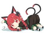 1girl :3 animal_ear_fluff animal_ears blush braid cat_ears cat_tail chibi commentary_request crys_(dai) extra_ears from_behind kaenbyou_rin long_hair looking_at_viewer looking_back multiple_tails nekomata paw_pose pointy_ears red_eyes red_hair simple_background skull solo tail top-down_bottom-up touhou twin_braids twintails two_tails white_background 