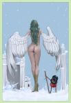  1girl ass back bird_legs border chipped_sword commentary_request completely_nude contrapposto crossed_ankles feathered_wings feathers green_border green_hair harpy highres long_hair monet_(one_piece) monster_girl nude one_piece outdoors snow standing sword thigh_gap thunder_soldier wavy_hair weapon white_wings winged_arms wings youno_senichi 