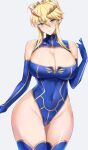  1girl artoria_pendragon_(all) artoria_pendragon_(lancer)_(fate) bare_shoulders blonde_hair blue_gloves blue_legwear blue_leotard braid breasts cleavage cleavage_cutout clothing_cutout commentary_request covered_navel crown curvy elbow_gloves fate/grand_order fate_(series) french_braid gloves green_eyes hair_between_eyes highleg highleg_leotard kumakichi_(cost-lost) large_breasts leotard long_hair looking_at_viewer sidelocks smile solo thighhighs thighs 