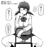  1girl chair commentary_request glasses greyscale highres jimiko kaauchi low_twintails miniskirt monochrome opaque_glasses original panties pantyshot partially_opaque_glasses pleated_skirt school_chair school_uniform sitting sitting_backwards skirt solo spread_legs translation_request twintails underwear 
