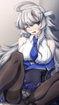  1girl 547th_sy ahoge bangs bare_shoulders black_legwear blue_neckwear blue_skirt blush breasts eyebrows_visible_through_hair grey_eyes gusset headgear highres kantai_collection large_breasts long_hair one_eye_closed open_mouth panties panties_under_pantyhose pantyhose pleated_skirt simple_background sitting skirt solo thighband_pantyhose underwear washington_(kancolle) 