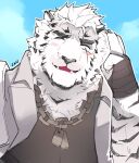  1boy animal_ears arknights bandaged_hands bandages black_tank_top blush chain_necklace dog_tags fangs furry highres jacket jacket_on_shoulders male_focus mountain_(arknights) pectorals sak_(sakarov_) salute scar scar_across_eye short_hair sky solo tank_top thick_eyebrows tiger_boy tiger_ears two-finger_salute upper_body white_fur white_hair 