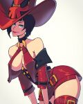  black_hair blue_eyes breasts cleavage dress guilty_gear guilty_gear_xrd hat highres i-no latex_dress looking_at_viewer mole mole_above_mouth o-ring o-ring_top red_headwear red_legwear red_lips shiny shiny_clothes shiny_legwear short_dress short_sleeves thighhighs witch_hat zettai_ryouiki 
