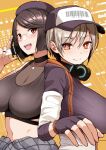  2girls :d baseball_cap black_choker blonde_hair bob_cut breasts bright_pupils brown_hair choker cleavage clothes_around_waist diisuke fingerless_gloves gloves hand_up hat headphones headphones_around_neck holding holding_microphone index_finger_raised jacket jacket_around_waist jewelry large_breasts looking_at_viewer microphone midriff midy midy_sakkyoku_virtual_youtuber multiple_girls navel necklace nijisanji open_mouth red_eyes ring seto_miyako smile white_pupils yellow_background 