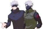  2boys black_blindfold black_headband black_jacket blindfold covered_eyes crossover flak_jacket forehead_protector gojou_satoru hand_on_another&#039;s_shoulder hatake_kakashi headband high_collar jacket jujutsu_kaisen long_sleeves looking_at_another male_focus mask multiple_boys naruto naruto_(series) one_eye_covered open_mouth short_hair simple_background sketch smile spiked_hair upper_body white_background white_hair yarr 