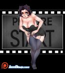  1girl backless_dress backless_outfit bare_shoulders betty_boop betty_boop_(character) black_dress black_hair black_legwear blue_eyes breasts cleavage dress full_body highres jago_dibuja large_breasts leaning_forward looking_at_viewer panties parted_lips patreon_logo purple_panties short_hair solo standing strapless strapless_dress thighhighs underwear watermark web_address 