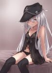  1girl arm_support babydoll bare_arms bare_shoulders black_headwear black_legwear black_panties blue_eyes blush breasts collarbone commentary_request flat_cap hair_between_eyes hat hibiki_(kancolle) highres kantai_collection kuuru_(kuuru-n) lace lace-trimmed_panties lace_trim lingerie long_hair looking_at_viewer navel panties silver_hair sitting small_breasts solo thighhighs underwear 
