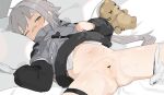  1girl bandaid bandaid_on_nose bangs bar_censor bed_sheet censored commission fur-trimmed_jacket fur_trim girls_frontline grey_hair highres hs2000_(girls_frontline) id_card jacket jacket_lift long_hair long_sleeves lying navel on_back one_eye_closed panties panty_pull pillow pussy skeb_commission solo spread_legs stuffed_animal stuffed_toy thigh_strap underwear white_panties yuki_hotaru 