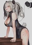  1boy 1girl animal_ears arknights arm_support bare_arms bare_shoulders black_collar breasts china_dress chinese_clothes cleavage cleavage_cutout clothing_cutout collar dress feater_(arknights) grey_background grey_hair highres large_breasts leash looking_at_viewer nashidrop open_mouth orange_eyes panda_ears short_hair side_slit signature simple_background slap_mark sleeveless sleeveless_dress solo_focus tail thick_eyebrows twintails 