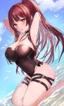  1girl armpits arms_behind_head arms_up bare_arms bare_shoulders beach black_choker black_swimsuit braid breasts choker cleavage day dutch_angle frown girls_frontline highres large_breasts long_hair looking_at_viewer manya_drhr one-piece_swimsuit outdoors ponytail red_eyes red_hair seiza sitting solo swimsuit thighs wa2000_(girls_frontline) water wet 