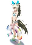  1girl aardwolf_(kemono_friends) aardwolf_ears aardwolf_print aardwolf_tail absurdres animal_ears animal_print bare_arms bare_legs bare_shoulders bikini bikini_under_clothes black_hair bow closed_mouth collarbone cutoffs extra_ears full_body grey_hair hair_between_eyes hair_bow high_ponytail highres holding holding_innertube innertube jewelry kemono_friends long_hair looking_at_viewer multicolored multicolored_eyes multicolored_hair navel necklace official_alternate_costume open_clothes open_fly open_shorts print_bikini print_shorts print_swimsuit red_eyes sandals shell shell_necklace short_shorts shorts sidelocks simple_background skindentation smile solo standing stomach swimsuit tail tanabe_(fueisei) toes transparent two-tone_hair v_arms white_background yellow_eyes 