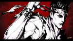  1boy absurdres airon_(ironboy1203) clenched_hand commentary_request dougi elbowing headband high_contrast highres male_focus monochrome muscular muscular_male nose portrait red_background short_hair signature sleeveless solo spiked_hair virtua_fighter yuki_akira 