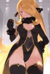  1girl adapted_costume ass_visible_through_thighs black_gloves black_legwear black_leotard blonde_hair blurry blurry_background blush breasts cleavage closed_mouth covered_navel cowboy_shot cynthia_(pokemon) depth_of_field fur-trimmed_sleeves fur_trim gloves groin hair_ornament hair_over_one_eye hand_on_hip highleg highleg_leotard holding holding_poke_ball indoors leotard long_hair long_sleeves looking_at_viewer luxury_ball medium_breasts poke_ball pokemon pokemon_(game) pokemon_dppt purple_eyes smile solo spring2013 straight_hair thighhighs thighs very_long_hair 